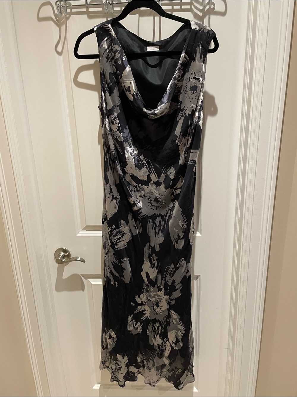 Black and Silver Floral Cowl Neck Midi Dress